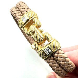 Judith Ripka Bracelet CZ Gold Over Sterling Silver Tan Leather 7.5 Inch